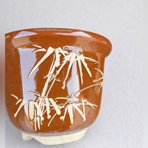 Vintage Brown Ceramic flower Pot with Bamboo